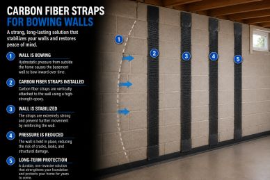 Carbon fiber straps reinforce basement bowing walls to prevent collapse and damage.