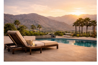 Poolside lounge chairs with mountain view at sunset custom