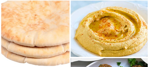 Falafel, Hummus, Spinach Pie and Pita Bread.