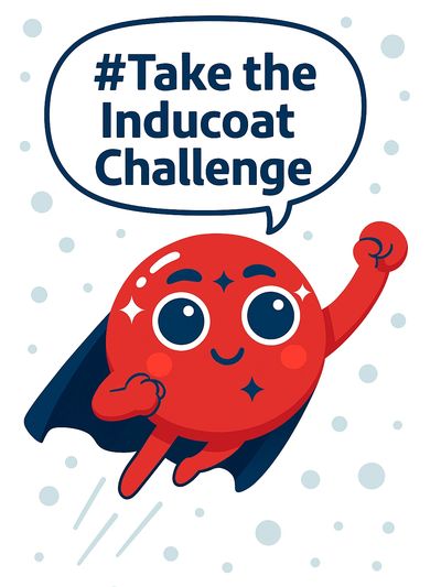 The red and blue superhero character with a speech bubble saying Take the Inducoat Challenge