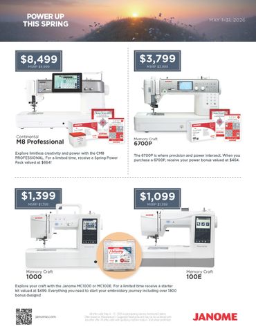 Spring sale on Janome sewing machines with discounts and bonus packs.