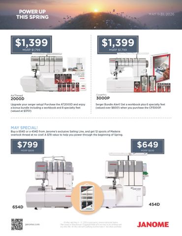Janome sewing machines on spring sale from May 1-31, 2023.