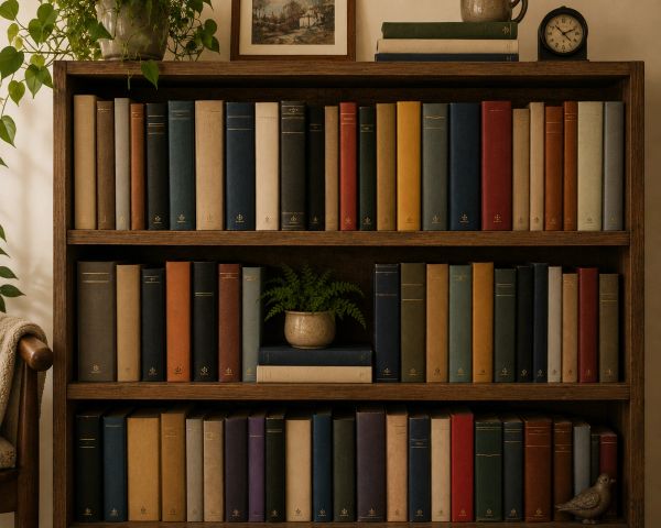 A wooden bookshelf filled with neatly arranged hardcover books and a small potted plant.