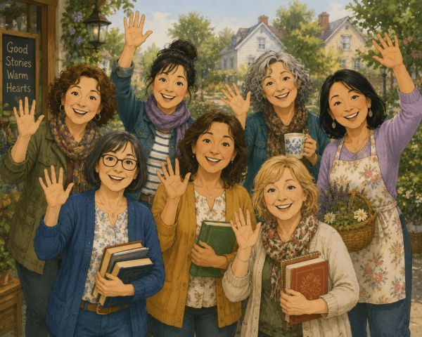 Seven happy women waving, holding books and flowers in a cozy outdoor setting.