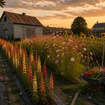 Sunset view of a flower garden with a rustic barn.