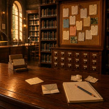 Cozy library corner with wooden desk, books, and notes.