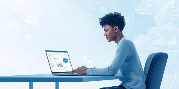 Young man working on a laptop with data analytics on screen.