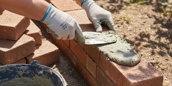Hands applying mortar on bricks for wall construction outdoors.