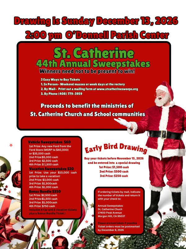 St. Catherine 44th Annual Sweepstakes announcement with Santa Claus.