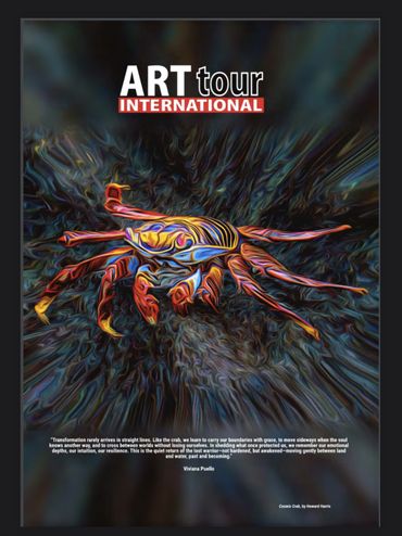 Colorful crab artwork with ART tour INTERNATIONAL text above.