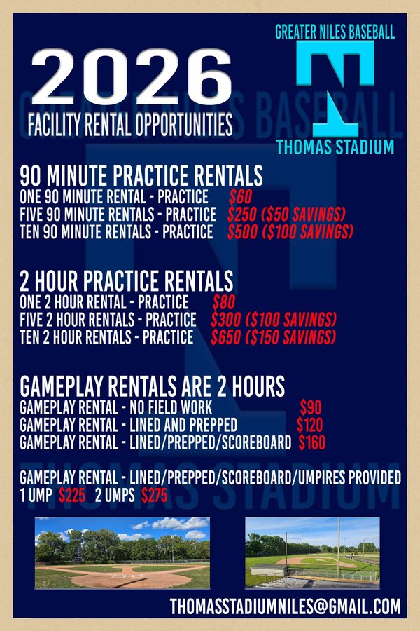 2026 baseball facility rental rates at Thomas Stadium with practice and gameplay options.