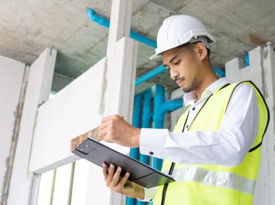 A man wearing a hard hat and safety vest looking at a clip board in an industrial building.