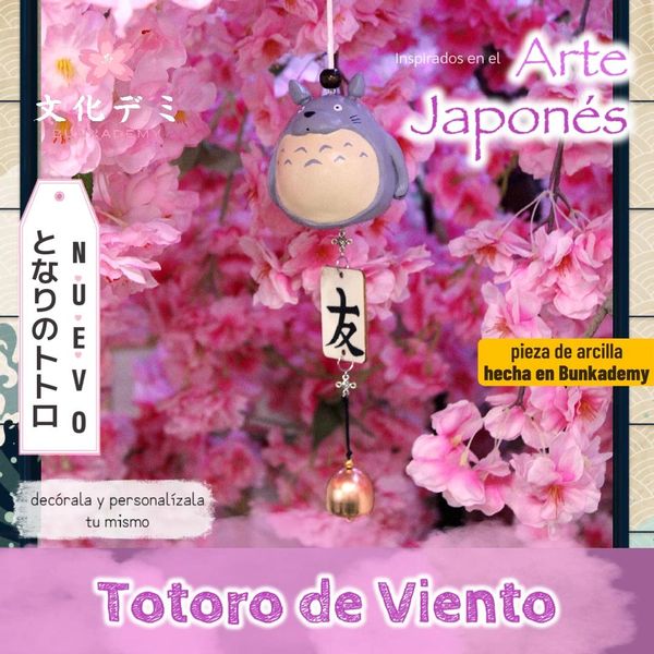 Totoro wind chime with cherry blossoms, inspired by Japanese art.