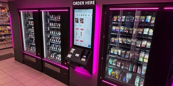 High-tech vending machines with pink neon lights and a digital ordering screen.