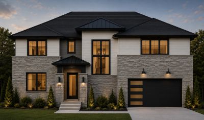 Modern two-story house with stone and siding exterior.
