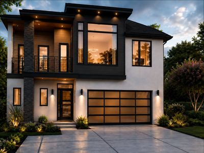 Modern two-story house with warm exterior lighting.