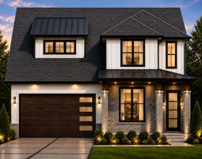 Modern two-story house with a dark roof and wood garage door.