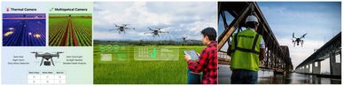 Drones equipped with thermal and multispectral cameras for agricultural and inspection purposes.