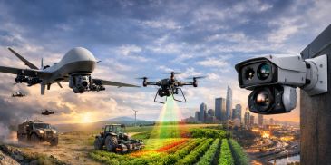 Advanced drones and surveillance cameras monitor agricultural fields near an urban area.