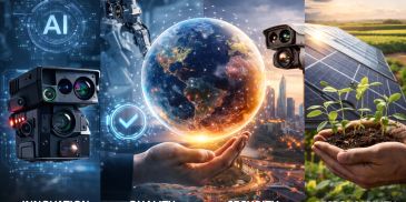 A digital collage depicting AI innovation, quality control, security, and environmental responsibility.