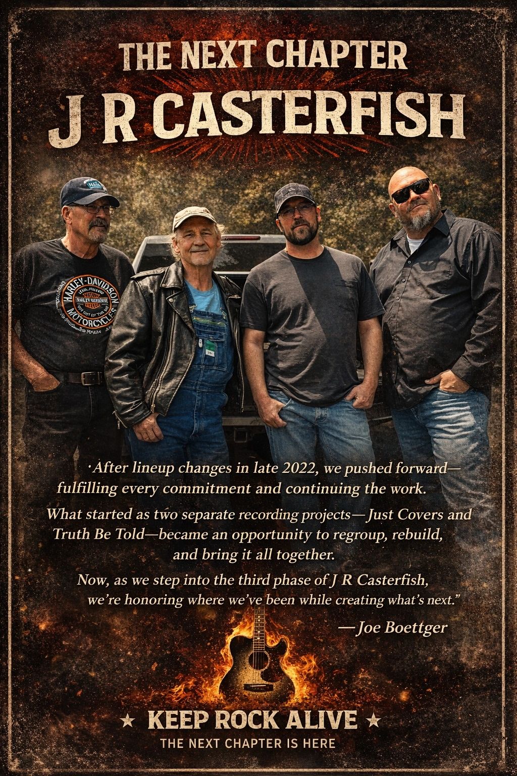 J R Casterfish band announces new chapter with four members and a fiery guitar graphic.