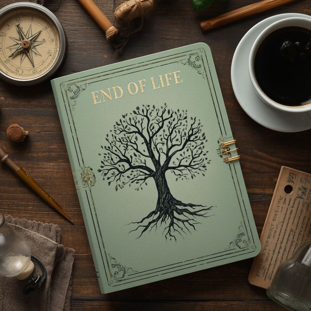 End of life planning journal, tree of life, compass, and coffee on a desk — symbolizing compassionate and thoughtful end of life planning guidance.