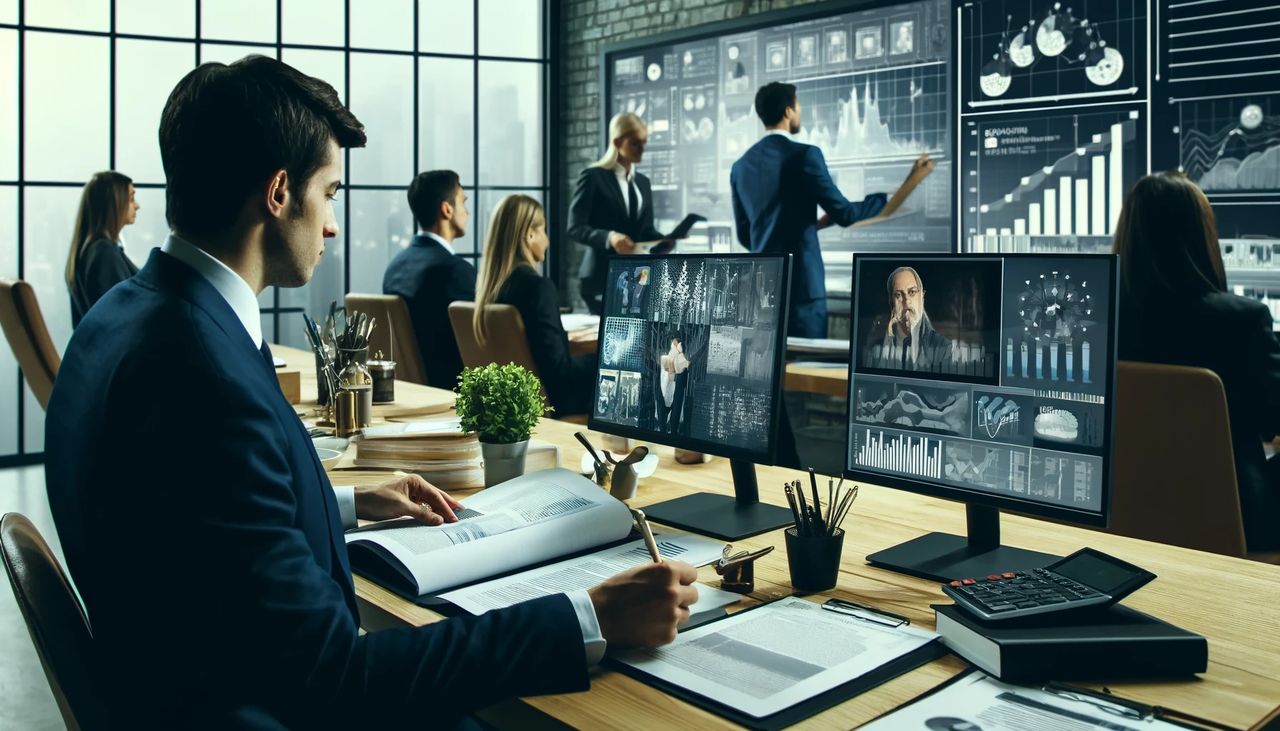 A professional office setting with a team of consultants analyzing documents, financial statements, and charts. One consultant is on a video call with a potential investor, while another is examining legal documents. The atmosphere is focused and diligent, with multiple screens displaying market analysis and financial data.