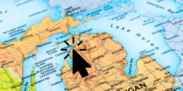 close up map of northern Michigan pointing near Petoskey