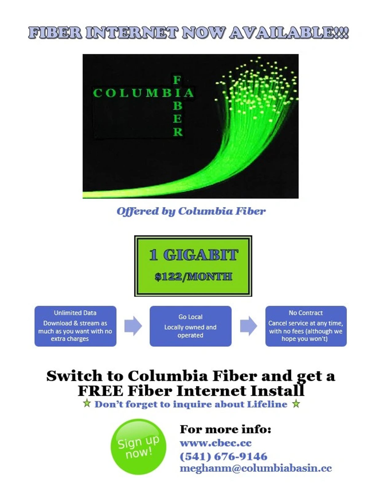 Advertisement for Columbia Fiber's 1 Gigabit fiber internet at $122/month with no contract and unlimited data.