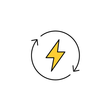 Black and yellow icon featuring a lightning bolt within circular arrows denoting sustainable energy
