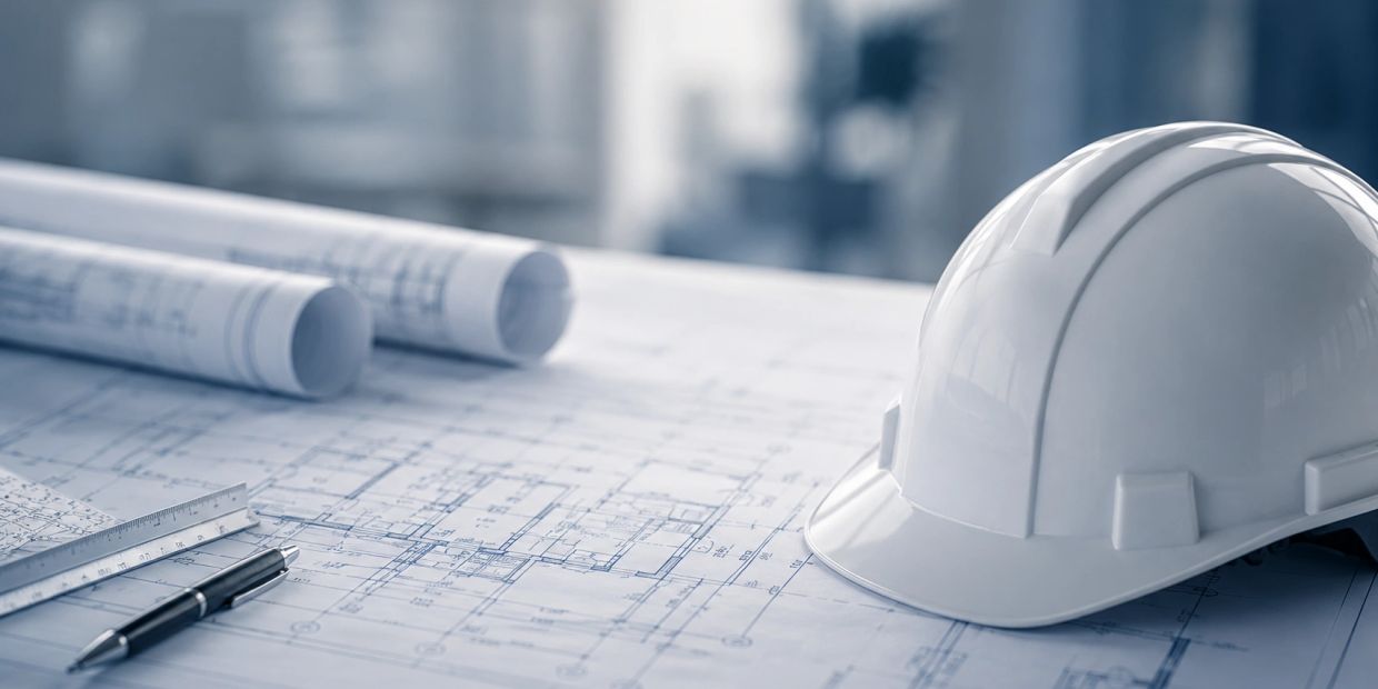 Construction helmet on architectural blueprints.
