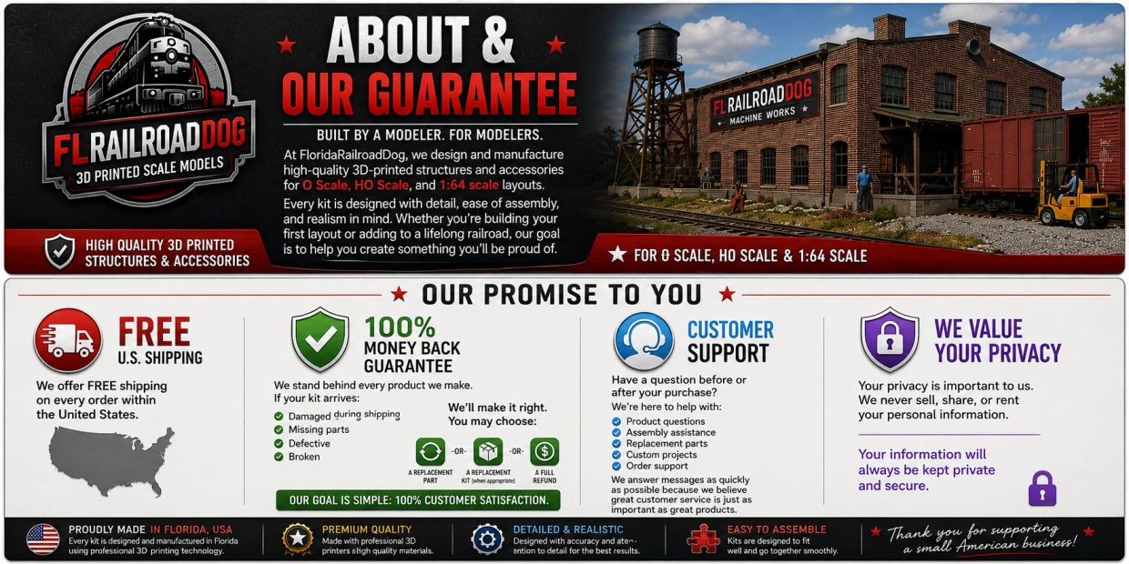 FL Railroad Dog offers high-quality 3D printed railroad models with free U.S. shipping and customer support.