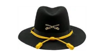Black cavalry hat with crossed sabers emblem and yellow cord.