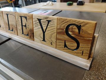 Reclaimed flooring CNC carved 4" Scrabble tiles with holder