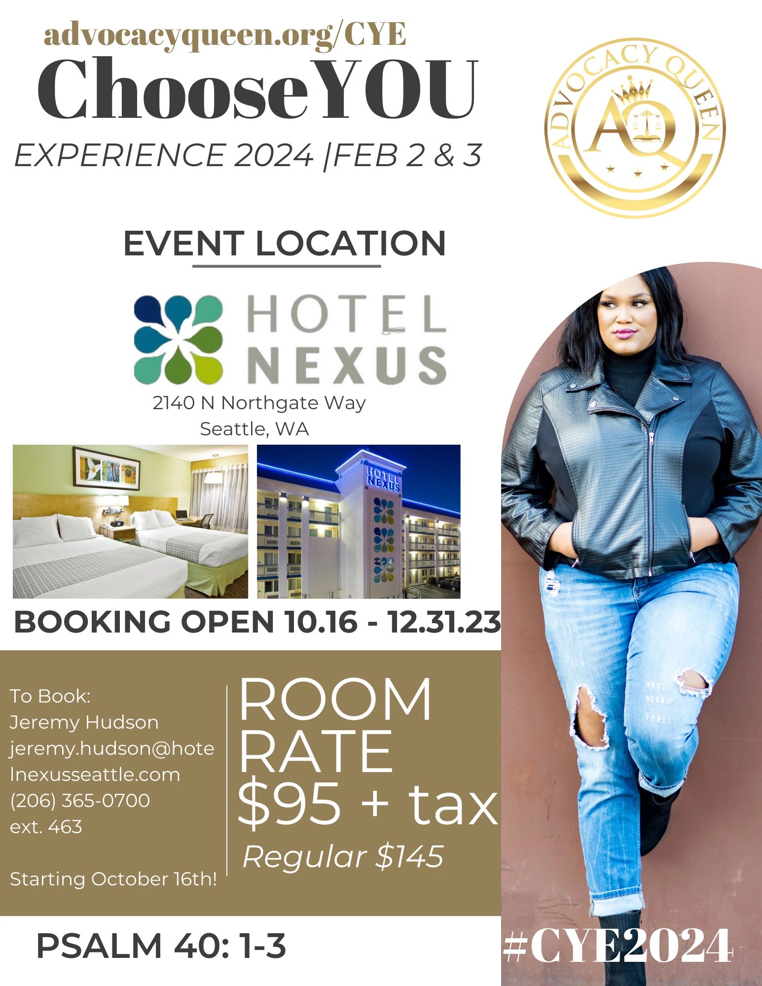 Choose YOU Experience 2024 event at Hotel Nexus in Seattle, Feb 2-3, with special room rates available.