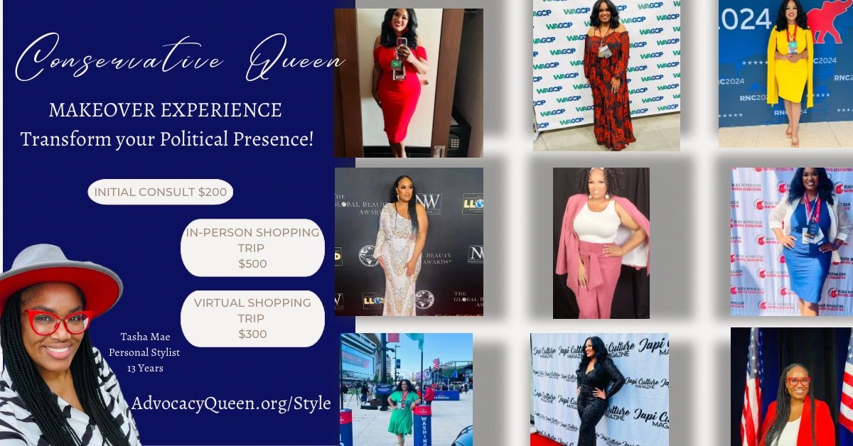 Conservative Queen offers style makeovers to enhance political presence.