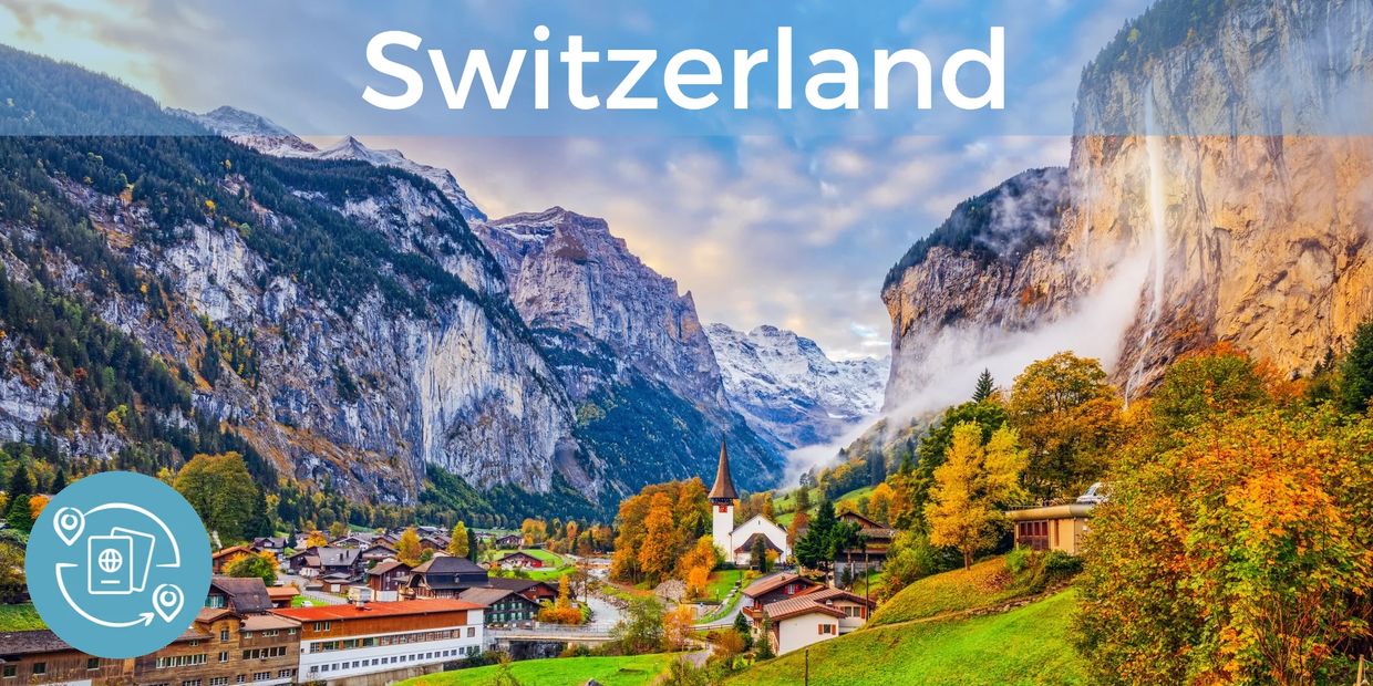 Swiss village in a green valley surrounded by mountains with "Switzerland" overlayed.
