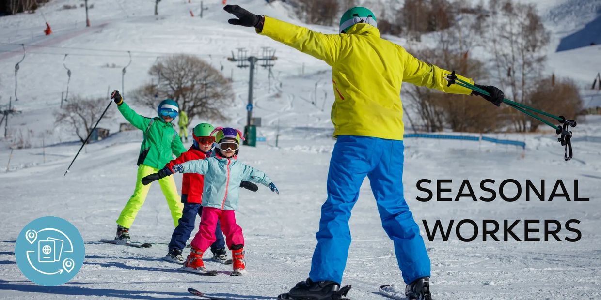Ski instructor teaching young children to ski on a mountain with words 'SEASONAL WORKERS'