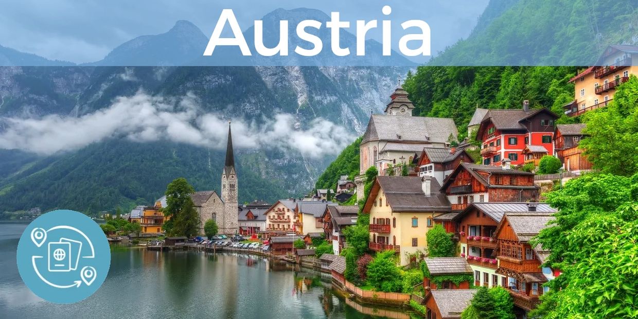 Austrian village on a lake with mountains behind. "Austria" overlayed.