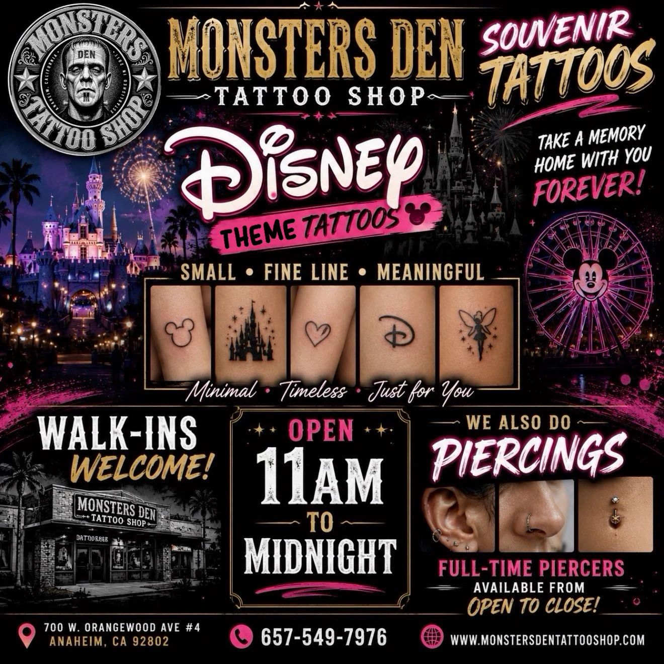 Advertisement for Monsters Den Tattoo Shop featuring Disney-themed tattoos.