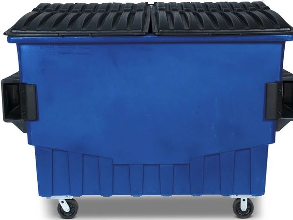 Large blue commercial dumpster with black lids and wheels.