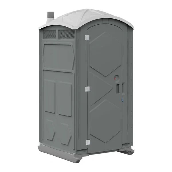 A gray portable outdoor toilet.