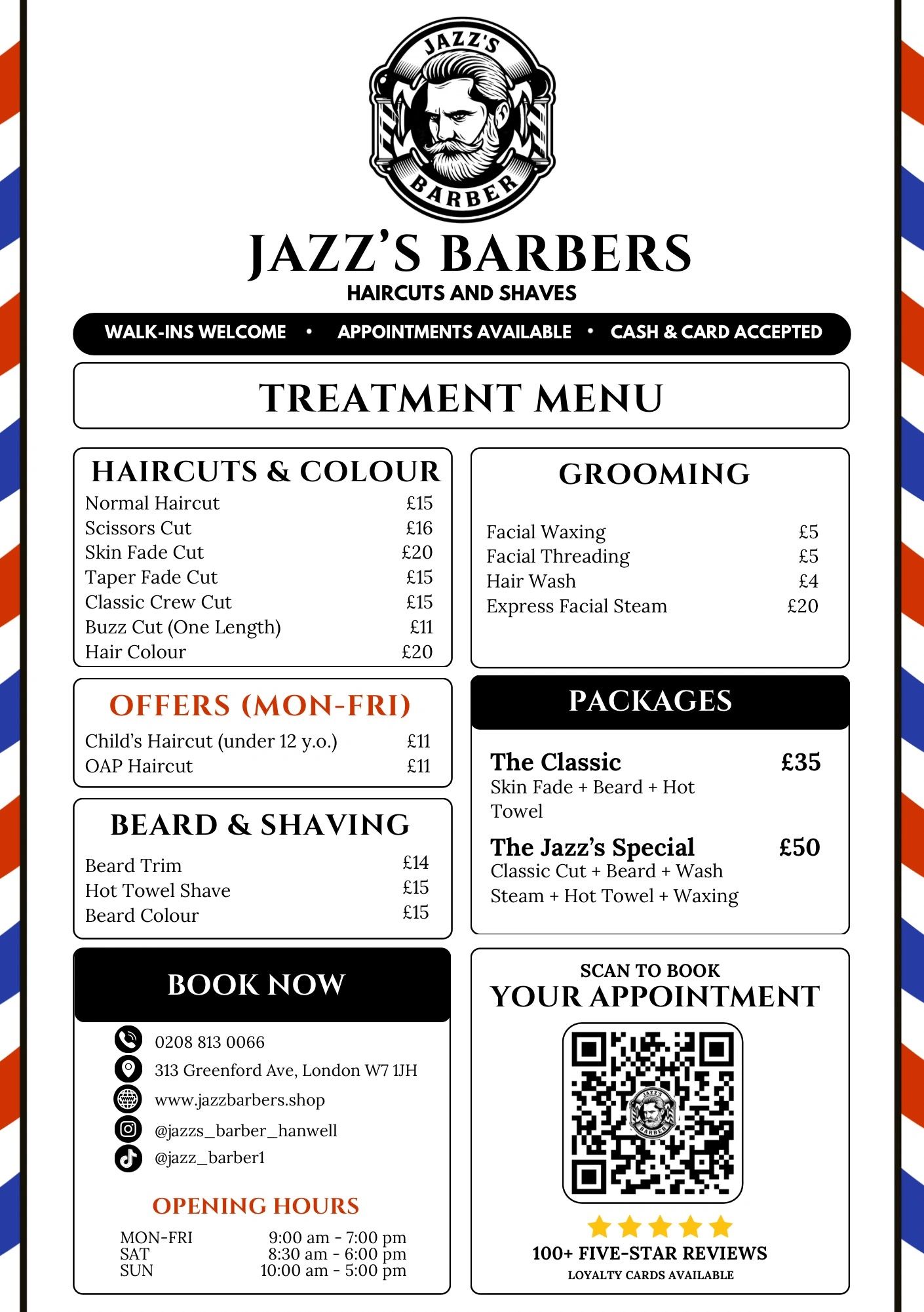 Barber treatment menu with haircuts, grooming, and packages.