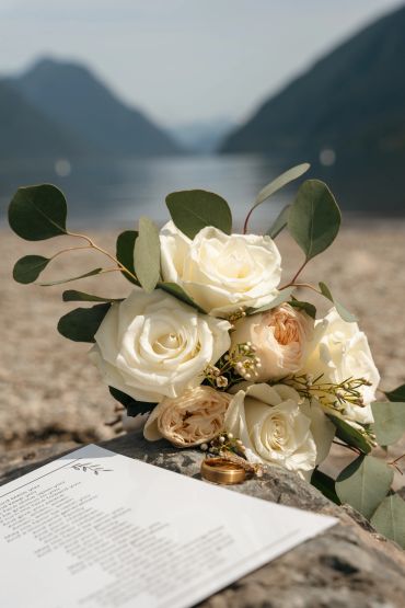 A bridal bouquet with white roses and wedding rings on a stone by a lake.
