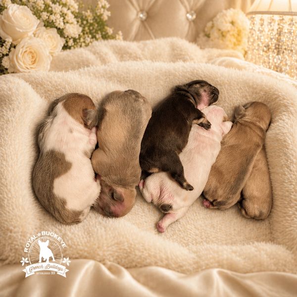Five newborn puppies sleeping closely together on a soft blanket.