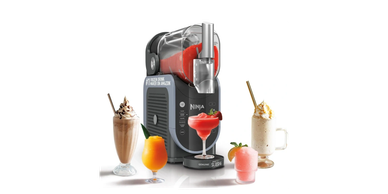 Ninja frozen drink maker with five colorful drinks.