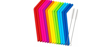 Set of colorful reusable silicone straws with cleaning brushes.