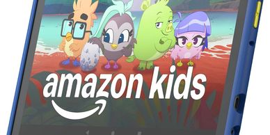 Tablet displaying Amazon Kids with colorful bird characters.