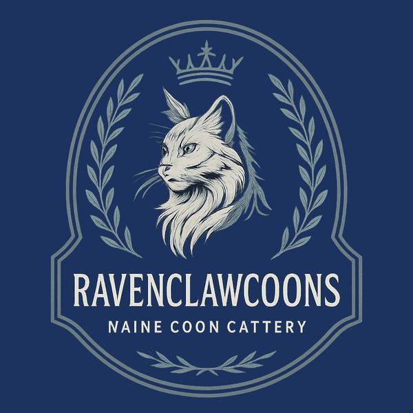 Elegant logo of a Maine Coon cat with crown and laurel wreath, labeled Ravenclawcoons.
