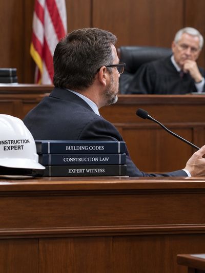 Construction expert testifying in court with judge listening.